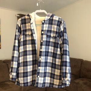 Fleece lined plaid hooded shirt.